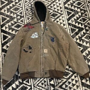 !CUSTOM!Carhartt Distressed Tan Hooded Jacket with Patches